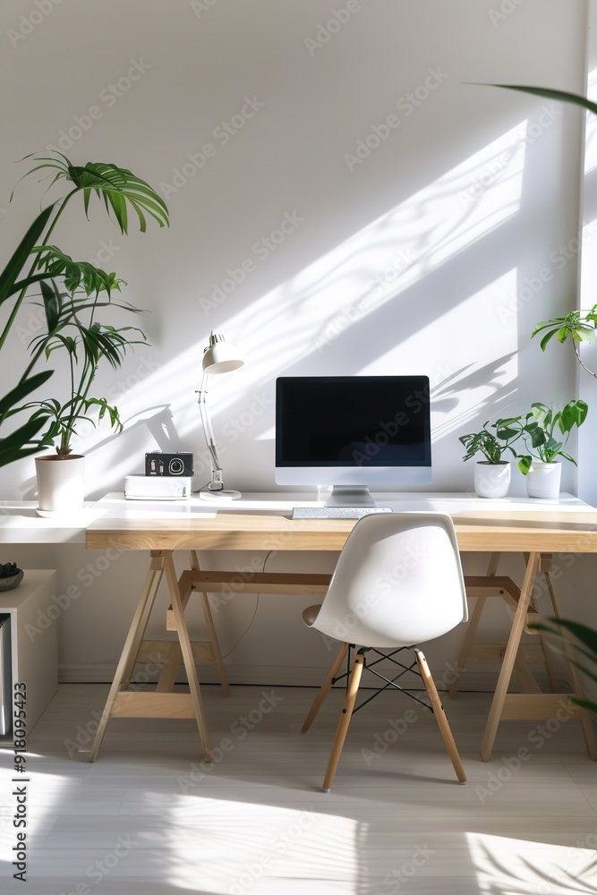Sunny home office with plants, desk, chair, and computer Sunny home office with plants, desk, chair, and computer