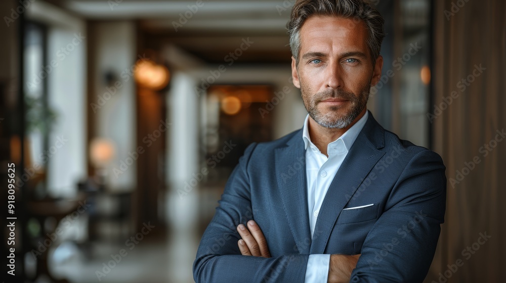 Professional man poses confidently in an upscale business environment during mid-morning Professional man poses confidently in an upscale business environment during mid-morning