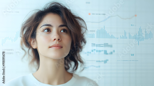 A portrait of an Asian woman with messy hair and digital financial charts, the blend of investment concepts and technology. The essence of modern finance, isolated on a clean background.