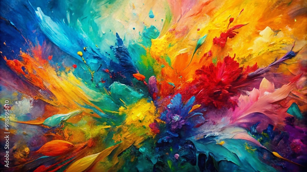 Vibrant, multicolored abstract art piece featuring intricate texture and palette knife effects, showcasing a dynamic blend of colors and brushstrokes on a canvas background. Vibrant, multicolored abstract art piece featuring intricate texture and palette knife effects, showcasing a dynamic blend of colors and brushstrokes on a canvas background.