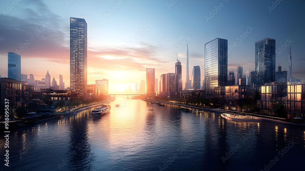 Modern cityscape with skyscrapers and a canal at sunset. Modern cityscape with skyscrapers and a canal at sunset.