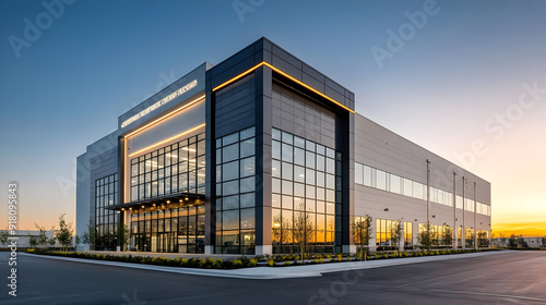 Modern commercial building at sunset.