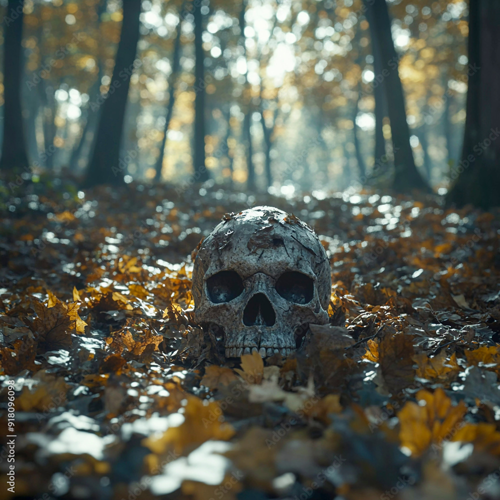 Skulls in Autumn Forest Settings, Generative AI Skulls in Autumn Forest Settings, Generative AI
