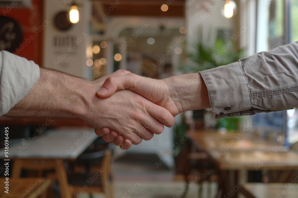 Two men, one light-skinned and one with olive skin, shake hands warmly in a vibrant café setting, symbolizing a successful agreement. Two men, one light-skinned and one with olive skin, shake hands warmly in a vibrant café setting, symbolizing a successful agreement.