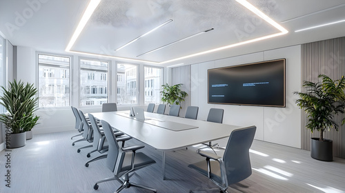 Modern conference room with large table  chairs  and a TV.