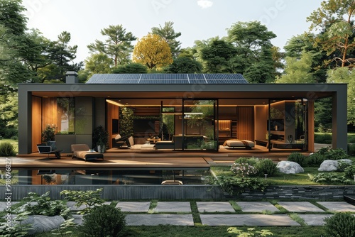 Modern Eco-Friendly House with Solar Panels in Garden
