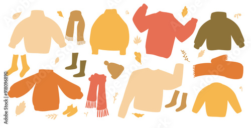 Set of cozy autumnal sweaters, scarves, socks, and warm accessories. Fall clothes kit. Vector hand drawn flat collection illustration isolated on white background.