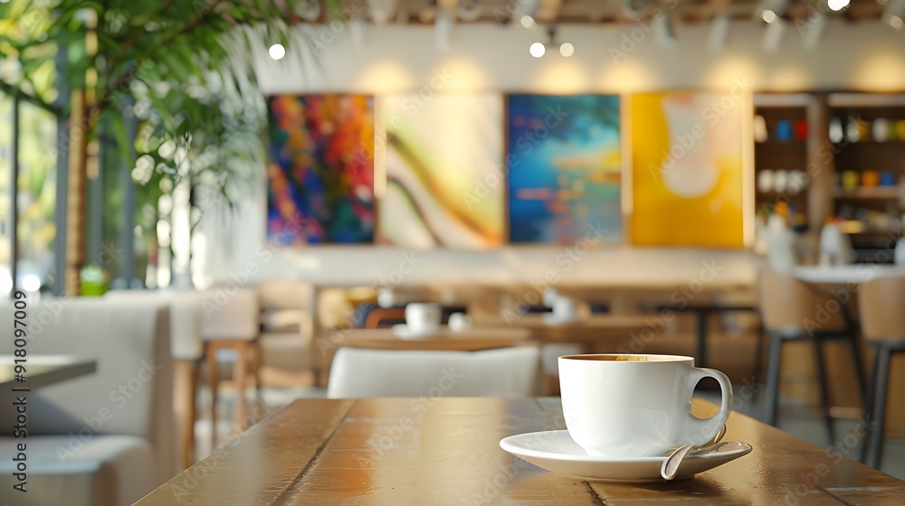 Pictorial photograph of a white coffee cup in a modern coffee shop setting, showcasing cool colors and harmonious design Pictorial photograph of a white coffee cup in a modern coffee shop setting, showcasing cool colors and harmonious design