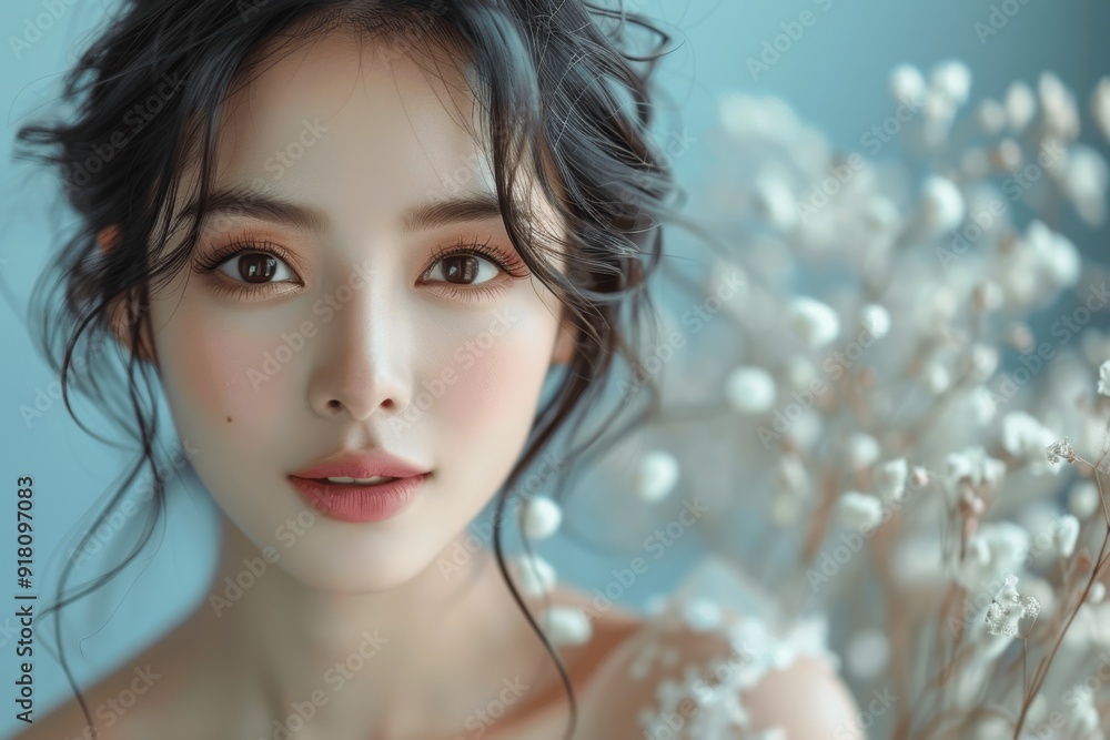 Asian woman with curly long hair in white dress smiling at mirror on blue background, beauty concept Asian woman with curly long hair in white dress smiling at mirror on blue background, beauty concept