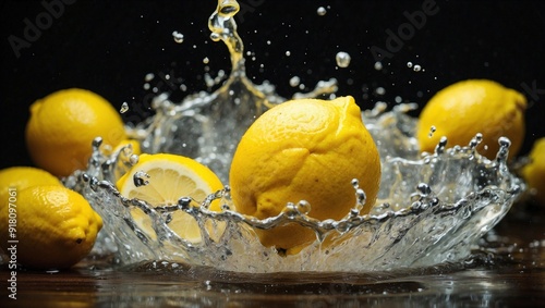 fresh juicy lemons in water splash stop frame, background, dynamic shot, wallpaper,  photo