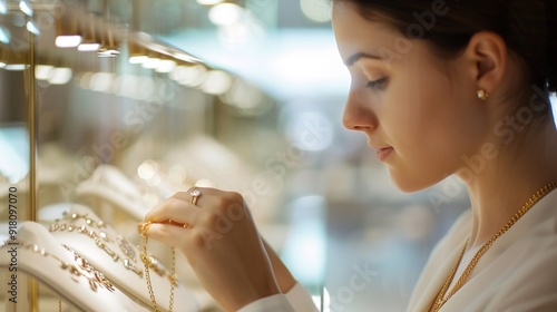 Elegant Woman Examining Exquisite Jewelry in High-End Boutique