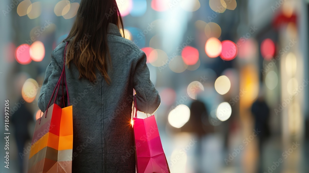 Fototapeta premium Urban Shopping Spree - Woman with Colorful Shopping Bags in Bustling Downtown District