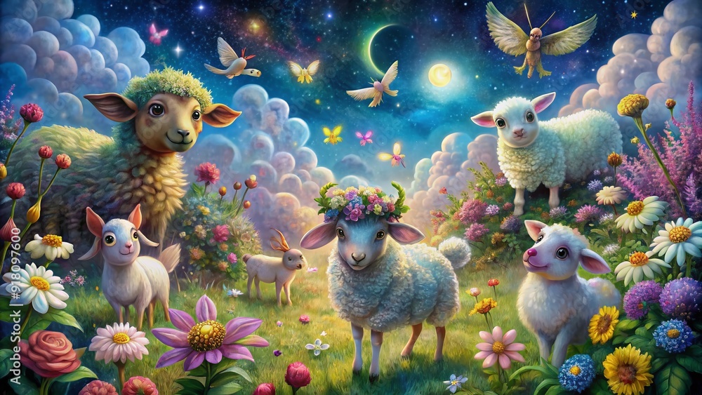 Φωτογραφία Whimsical enchanted creatures, including cartoon sheep and square-backed winged beings, gather amidst vibrant flowers and stars, surrounded by swirling clouds and gentle moonlight