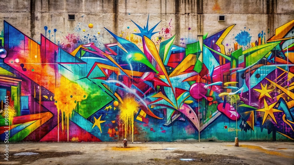 Fototapeta premium Vibrant splashes of colorful graffiti sprawl across a rough concrete wall, creating a dynamic abstract background with bold typography and playful geometric patterns.