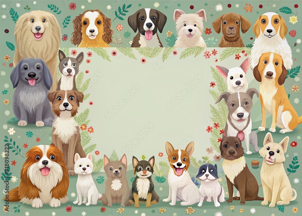 Φωτογραφία Whimsical frame of playful canine friends with varying breeds, sizes, and poses, surrounded by subtle textures and soft colors, perfect for nursery or pet lover designs