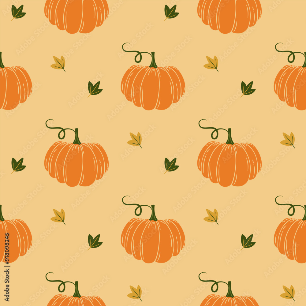 Colorful Pumpkins and Autumn Leaves Seamless Pattern. Thanksgiving Harvest Fall Pumpkin Holiday Food Colorful Pumpkins and Autumn Leaves Seamless Pattern. Thanksgiving Harvest Fall Pumpkin Holiday Food