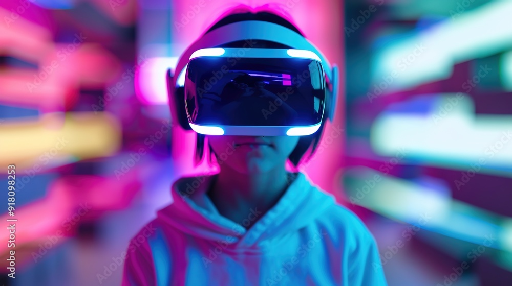 Young child playing in futuristic virtual reality gaming environment with VR headset on Young child playing in futuristic virtual reality gaming environment with VR headset on