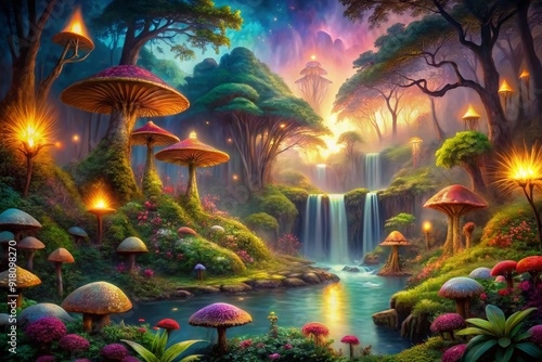 Vibrant colorful jungle with glowing mushrooms  twinkling fireflies  and ancient trees surrounded by misty aura  shimmering waterfalls  and a radiant fantasy sunset background.