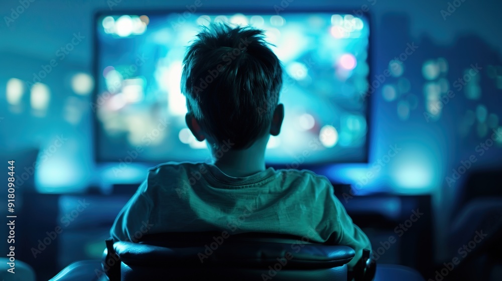 Engrossed Young Boy Playing Video Game in Gaming Chair with Intense Concentration on Large Screen Engrossed Young Boy Playing Video Game in Gaming Chair with Intense Concentration on Large Screen