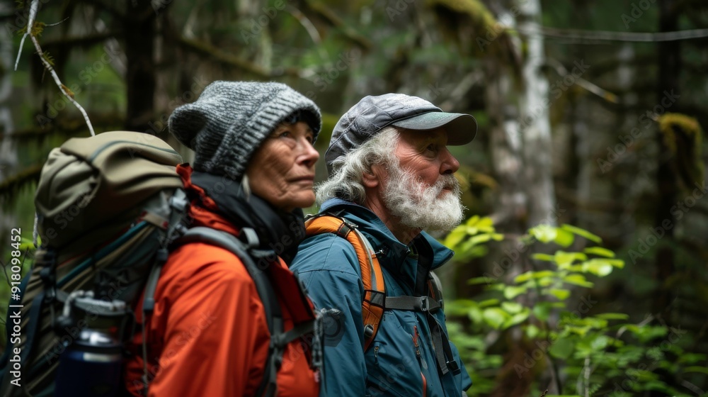 Senior Couple Hiking through Lush Forest with Backpacks on a Leisurely Outdoor Adventure Senior Couple Hiking through Lush Forest with Backpacks on a Leisurely Outdoor Adventure
