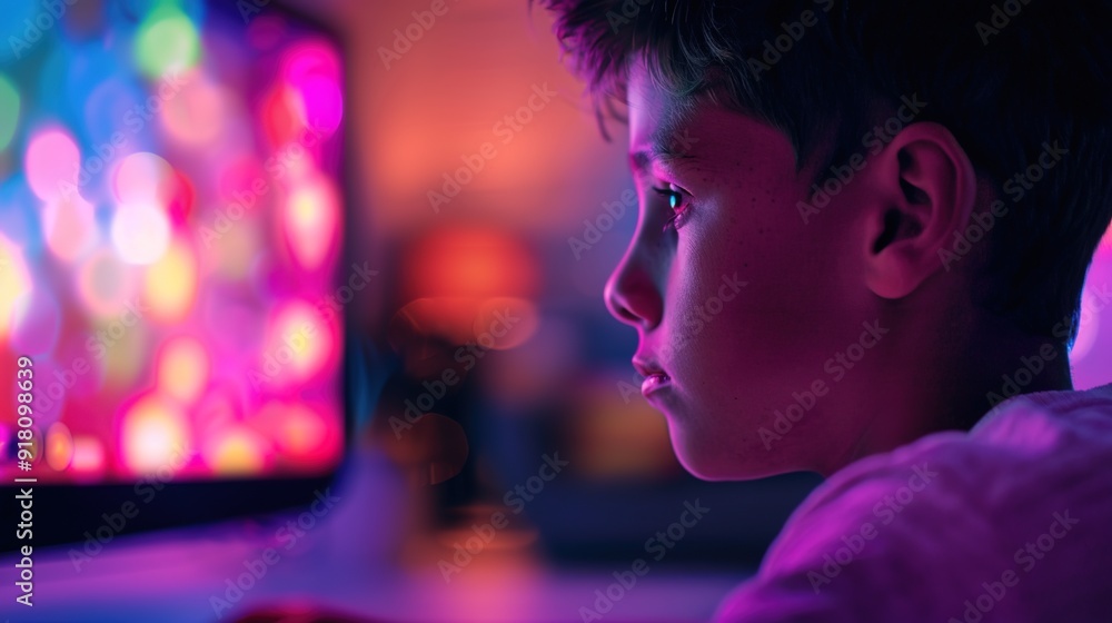 Young Boy Immersed in Video Game Action Against Vibrant Background Young Boy Immersed in Video Game Action Against Vibrant Background
