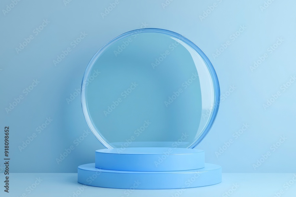 3D blue podium stand with circle glass backdrop is perfect for modern interior concept product display mockups. with generative ai 3D blue podium stand with circle glass backdrop is perfect for modern interior concept product display mockups. with generative ai