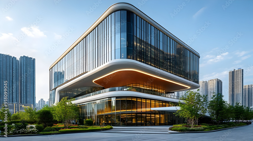 Fototapeta premium Modern glass building with curved lines and landscaping.