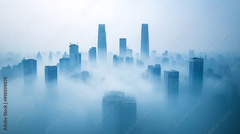 Smog-Covered City Skyline with Barely Visible Skyscrapers Illustrating Environmental Challenges of Industrialization Smog-Covered City Skyline with Barely Visible Skyscrapers Illustrating Environmental Challenges of Industrialization