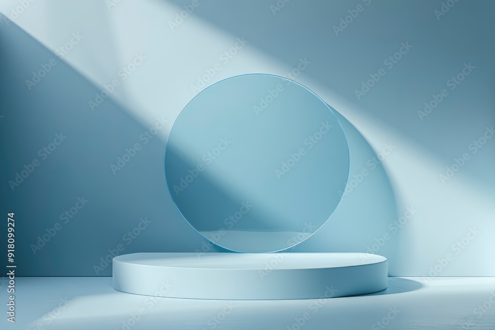 3D blue podium stand with circle glass backdrop is perfect for modern interior concept product display mockups. with generative ai 3D blue podium stand with circle glass backdrop is perfect for modern interior concept product display mockups. with generative ai