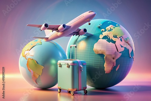 Vibrant pastel colors illuminate a stylized 3D rendering of a airplane taking off, surrounded by a suitcase and globe, symbolizing adventure and travel exploration. photo