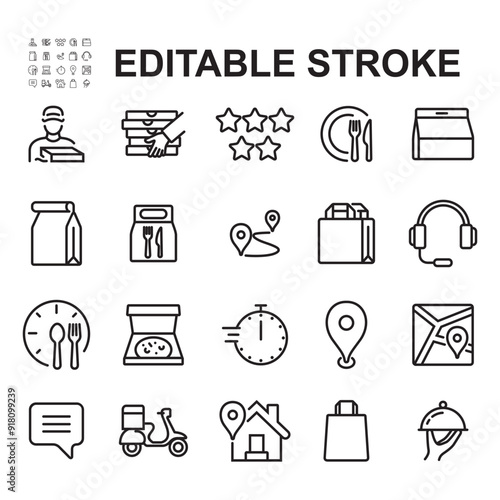 Collection of food delivery icons. Thin line style vector illustration. Contains icons such as pizza delivery, ratings, and more.
