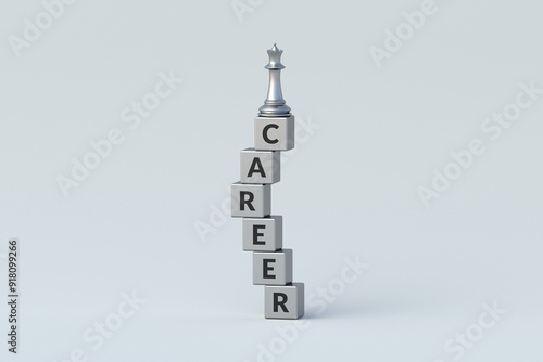 Unsteadiness position. Wrong strategy. Unstable leadership. Business concept. Chess figure on stack of metal cubes with the inscription career. 3d render photo