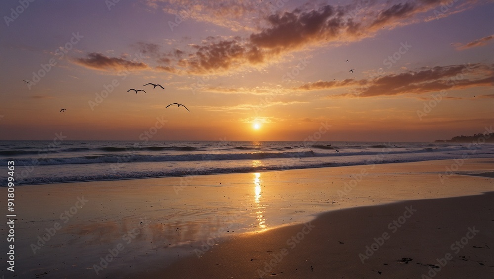 A tranquil beach at sunrise, with soft waves gently lapping at the shore. The sand is warm and golden, and the sky is painted in shades of pink, orange, and purple as the sun begins to rise over the A tranquil beach at sunrise, with soft waves gently lapping at the shore. The sand is warm and golden, and the sky is painted in shades of pink, orange, and purple as the sun begins to rise over the