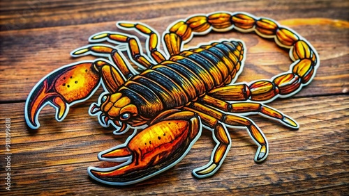 Vibrant hand-drawn scorpion sticker design element with bold black lines, bright yellow and orange hues, and subtle texture, perfect for eye-catching graphic designs. photo