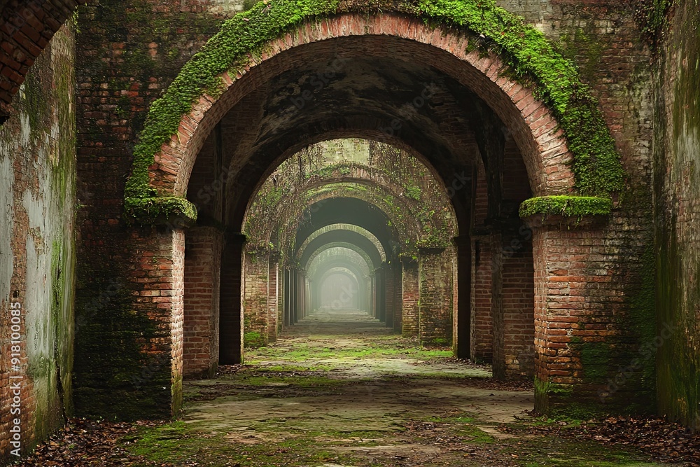 Moss-covered brick arches create a captivating passage through an ancient structure. Generative AI Moss-covered brick arches create a captivating passage through an ancient structure. Generative AI