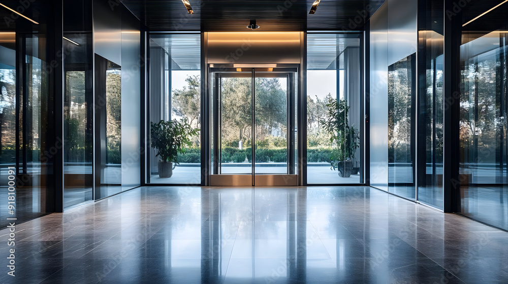 Modern glass doors leading to an outdoor area. Modern glass doors leading to an outdoor area.