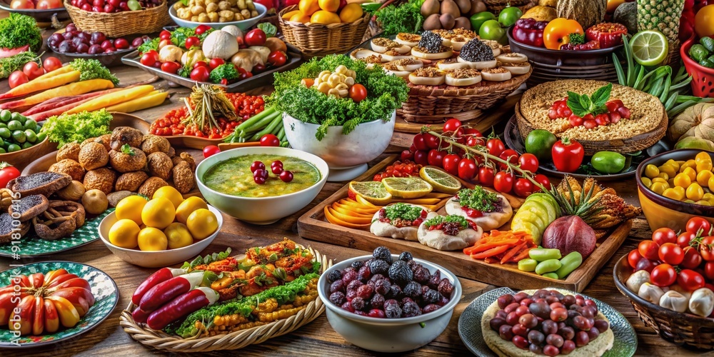 Fototapeta premium Vibrant arrangement of international cuisine including fruits, vegetables, meats, and desserts on a beautifully decorated table, showcasing a diverse and appetizing food selection.