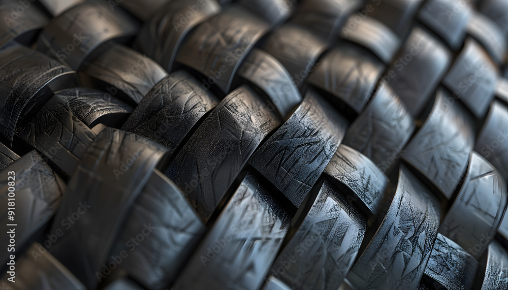 Obraz premium Close-up of intricately woven black rubber strips, showcasing texture and depth in a modern design.