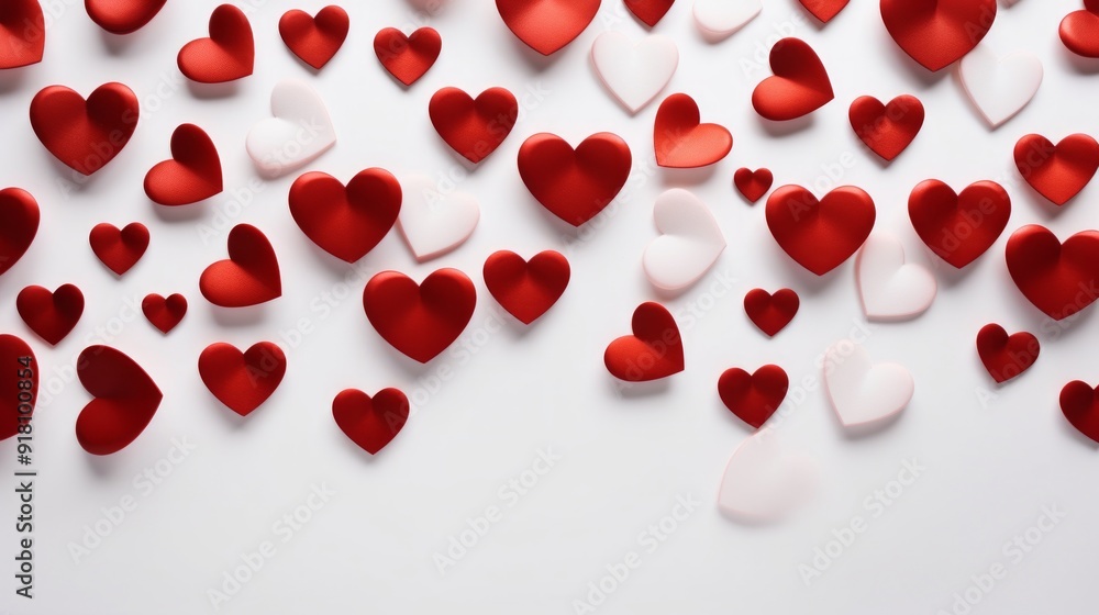 A collection of red and white hearts scattered on a clean white background. The hearts vary in size and shape, creating a visually striking display of love and affection.Generative AI. A collection of red and white hearts scattered on a clean white background. The hearts vary in size and shape, creating a visually striking display of love and affection.Generative AI.