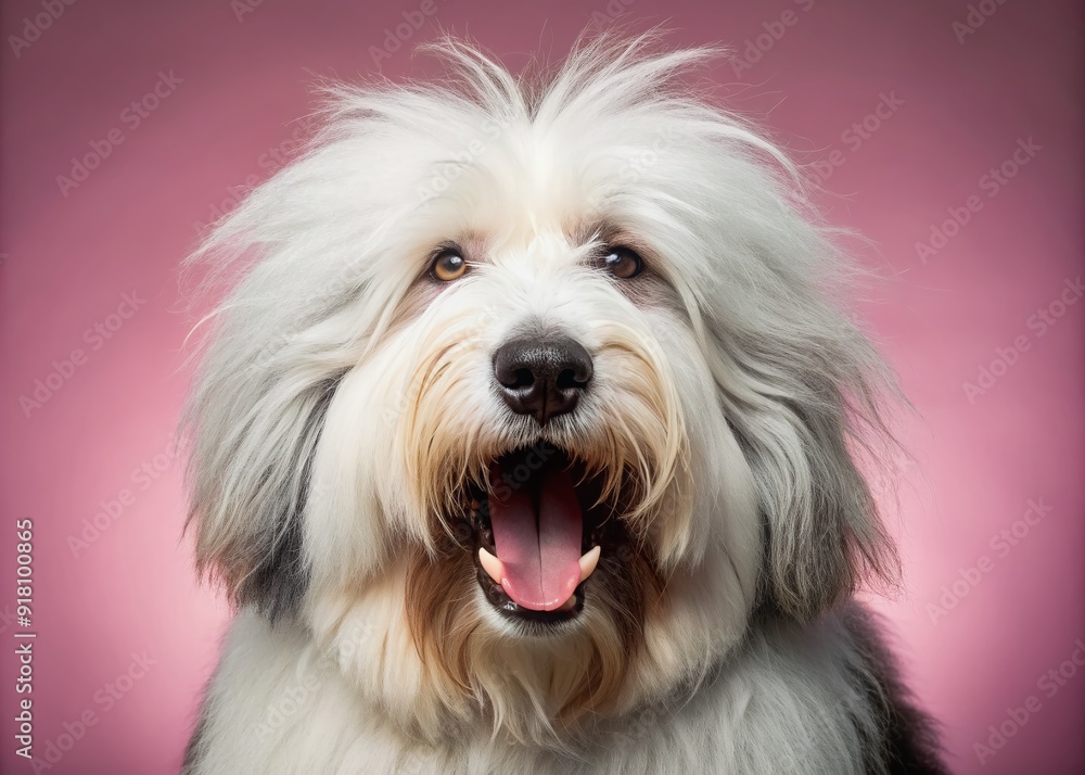 Old English Sheepdog, angry dog baring its teeth, studio lighting pastel background Old English Sheepdog, angry dog baring its teeth, studio lighting pastel background