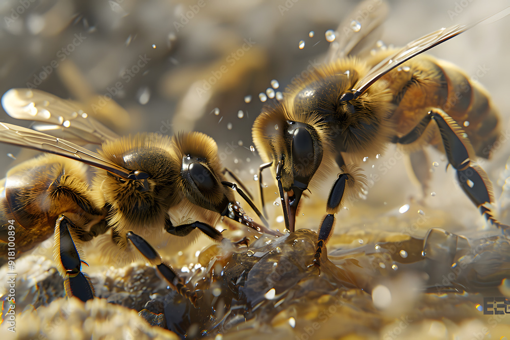 Two honey bees, focused and delicate, engage in nectar collection, showcasing intricate details and a vibrant, lively atmosphere.