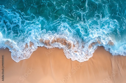 Pictorial photograph capturing the top view of a clean sand beach with the top half showcasing the sand and the bottom half featuring a soft blue sea wave