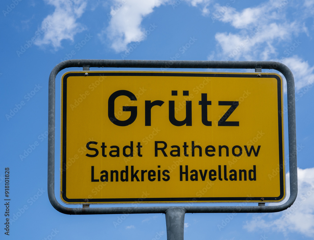 yellow Street Sign for district Grütz near the town Rathenow in Germany yellow Street Sign for district Grütz near the town Rathenow in Germany