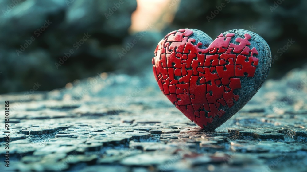 Fototapeta premium A heart made of puzzle pieces is on a rocky surface
