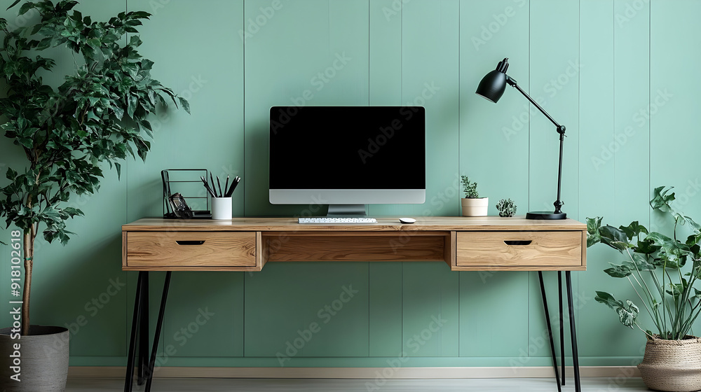 Modern home office desk with computer, lamp, and plants. Modern home office desk with computer, lamp, and plants.