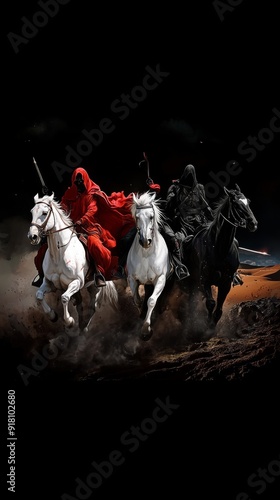 Apocalyptic Riders: The Four Horsemen of the Apocalypse, Symbolizing Conquest, War, Famine, and Death, on a Dark Canvas with a Desert Landscape. photo