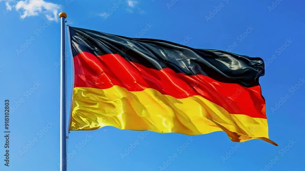 German flag waving in the wind against a blue sky. German flag waving in the wind against a blue sky.