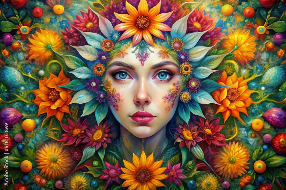 Vibrant oil painting of abstract flowers on a kaleidoscope background, blending with a delicate facial features outline, creating a stunning modern art masterpiece. Vibrant oil painting of abstract flowers on a kaleidoscope background, blending with a delicate facial features outline, creating a stunning modern art masterpiece.