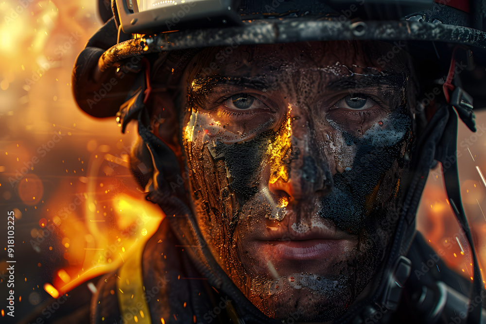 A male firefighter with soot on his face stands resolute against a backdrop of flames, embodying bravery and resilience. A male firefighter with soot on his face stands resolute against a backdrop of flames, embodying bravery and resilience.