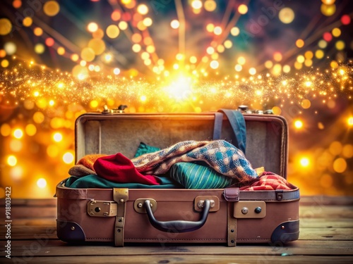 Vibrant bokeh lights swirl around a stylish, open suitcase, overflowing with travel essentials, against a warm, blurred background, evoking excitement and adventure. photo